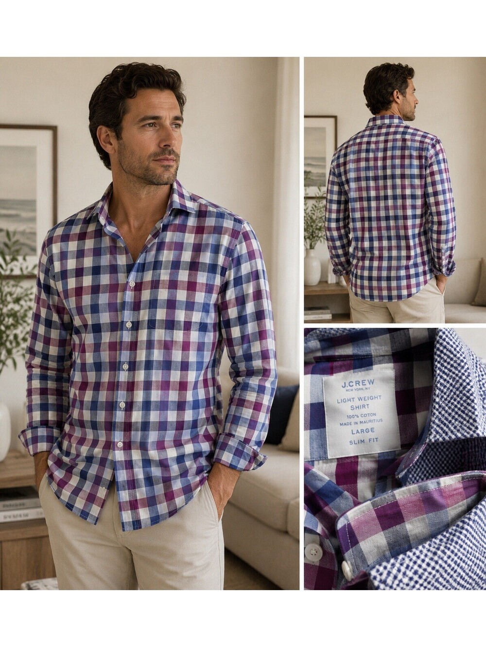 J. Crew Men’s Large Slim Fit Lightweight Cotton Plaid Button Down Shirt